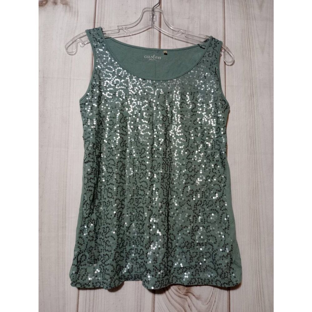 Caslon Womens Sequin Front Tank Top Sage Green Cotton Modal Sleeveless Small